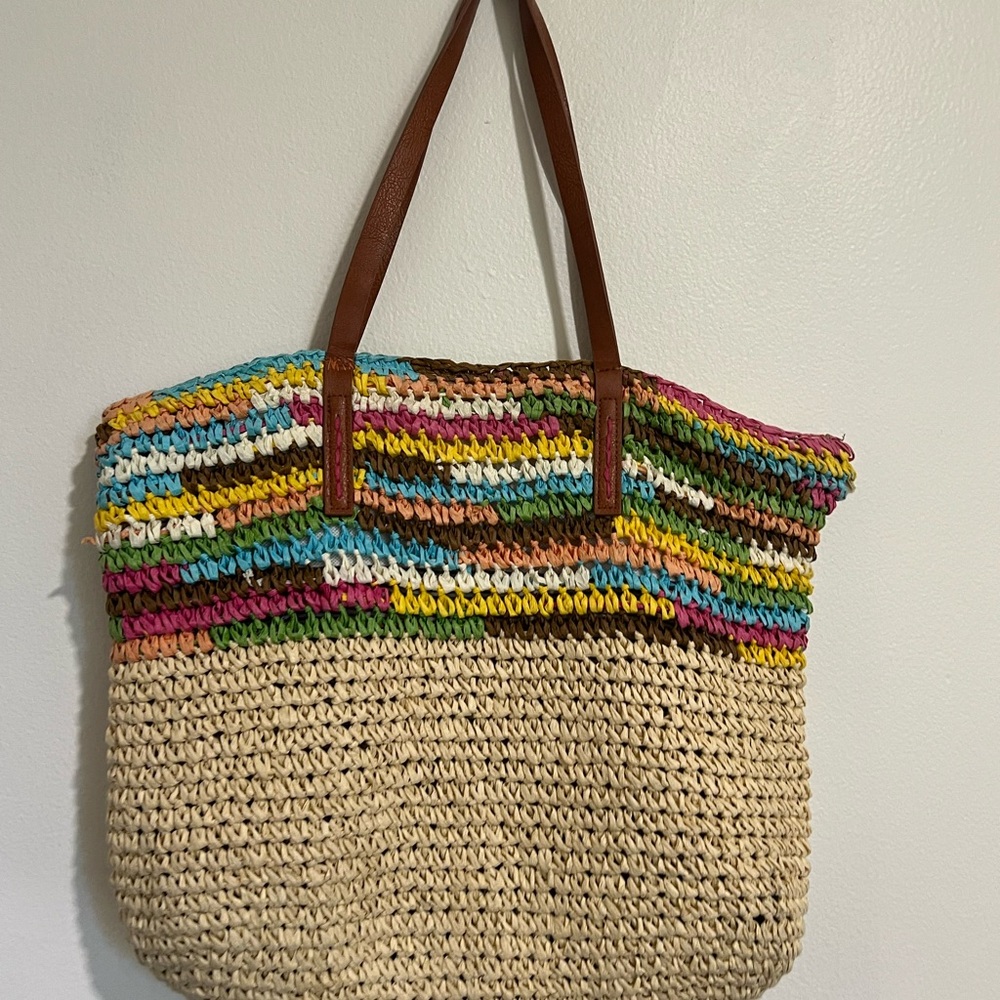 Multicolor Crochet-Trim Straw Tote with Brown Leather Straps